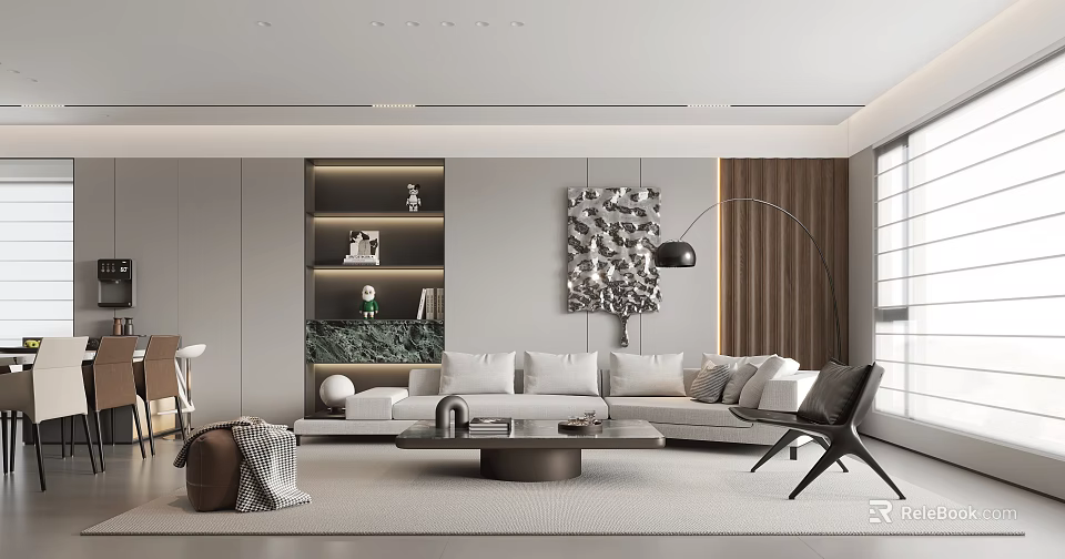 Modern Living And Dining Room Interior With Sofa Coffee Table Decorative Wall Art And Floor Lamp 3d model 