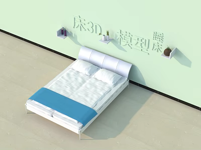 Light Green Background Wall With Small Shelves And Decorative Items White Headboard Blue Bed Sheet 3d model