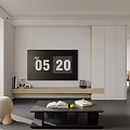 Modern Living and Dining Area with Light Sofa Coffee Table TV and Decorative Paintings