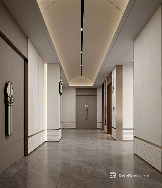 Modern Office Corridor Interior With Recessed Lighting Wall Panels And Tile Flooring 3d model 