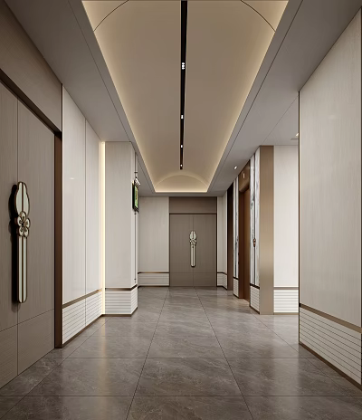Modern Office Corridor Interior With Recessed Lighting Wall Panels And Tile Flooring 3d model