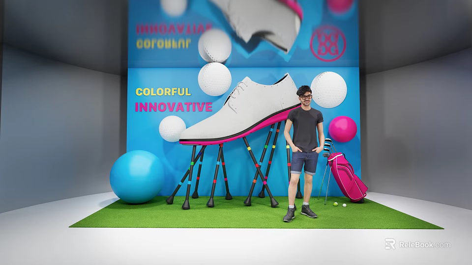 Colorful Innovative Photo Spot With Large White Shoe Golf Balls Clubs Pink Bag Green Grass 3d model 