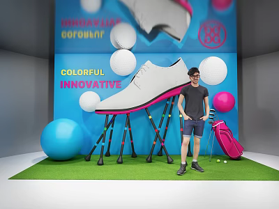 Colorful Innovative Photo Spot With Large White Shoe Golf Balls Clubs Pink Bag Green Grass 3d model