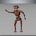 Red Mechanical Robot With Large Round Eyes And Jointed Limbs Standing In Gray Background