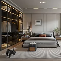 Modern Bedroom Interior Design With Large Bed Glass Wardrobe Accent Chair And Area Rug