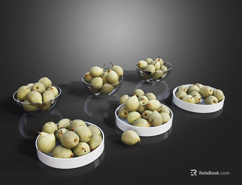 Yellow Green Pears in Multiple White and Transparent Glass Bowls on Dark Background 3d model 
