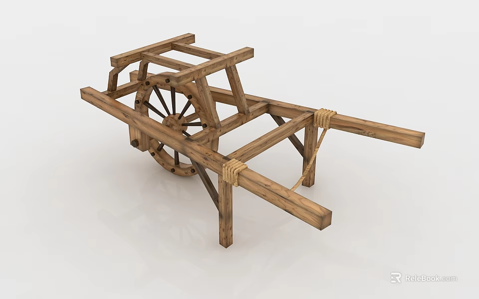 Traditional Wooden Wheelbarrow With Wooden Frame Spoke Wheel And Rope Bindings 3d model 
