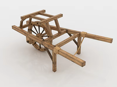 Traditional Wooden Wheelbarrow With Wooden Frame Spoke Wheel And Rope Bindings 3d model