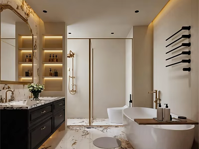 Luxurious Bathroom Interior With Black Vanity Marble Countertop Freestanding Bathtub Shower Area And Gold Faucet 3d model