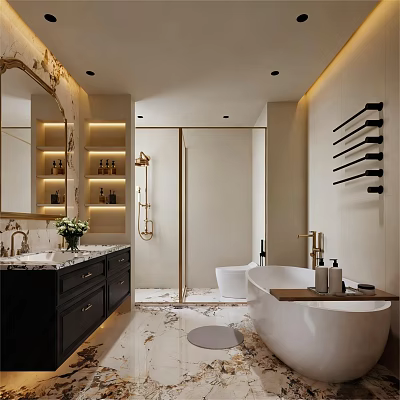 Luxurious Bathroom Interior With Black Vanity Marble Countertop Freestanding Bathtub Shower Area And Gold Faucet 3d model
