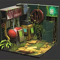 Cartoon Scene of Abandoned Deck Gate 02 with Red Sphere Green Door and Plants