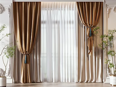 Elegant Brown Curtains With White Sheer Layers And Tiebacks By Window With Green Plants 3d model