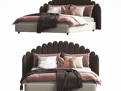 Scalloped Headboard Kids Bed With Pink Bedding White Stuffed Toy And Dark Blanket 3d model