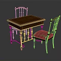 Vintage Wooden Table With Carved Back Chairs And Red Plaid Fabric Seats