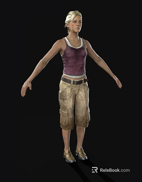 Woman Wearing Purple Tank Top Khaki Cargo Shorts Black Belt Standing With Outstretched Arms 3d model 
