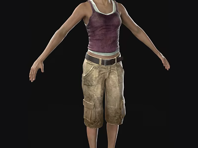 Woman Wearing Purple Tank Top Khaki Cargo Shorts Black Belt Standing With Outstretched Arms 3d model