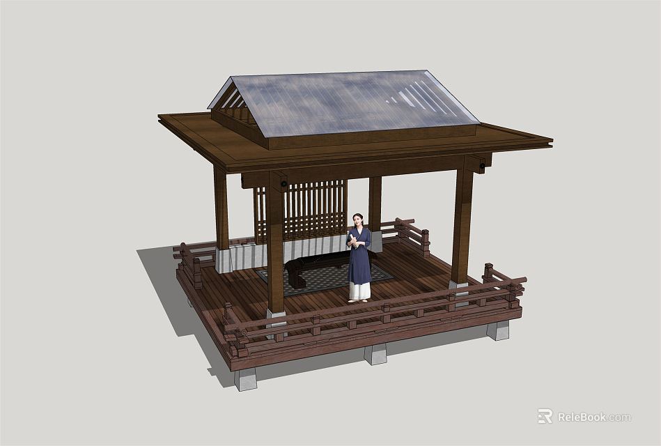 Traditional Japanese Wooden Pavilion With Person In Traditional Clothing And Roof Design 3d model 