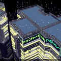 Future Architecture With Nighttime Illuminated Neon Lights Glass Facades And Water Reflections