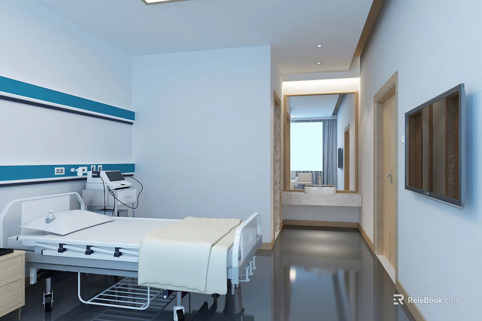 Modern Hospital Patient Room With Medical Bed White Walls And Blue Stripes 3d model 