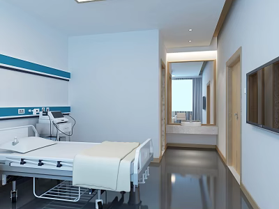 Modern Hospital Patient Room With Medical Bed White Walls And Blue Stripes 3d model
