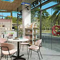 Modern Bookstore Interior With Pink Chairs Round Tables White Bookshelves And Green Plants