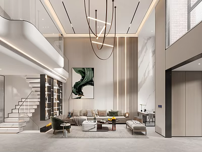 Modern Loft Living Room Design With Chandelier Sofa And Art Painting 3d model