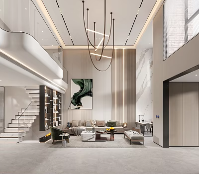 Modern Loft Living Room Design With Chandelier Sofa And Art Painting 3d model