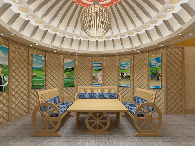Ethnic Interior With Round Dome Wooden Structure Decorative Grassland Cow Paintings Wheel Seats And Table 3d model
