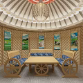 Ethnic Interior With Round Dome Wooden Structure Decorative Grassland Cow Paintings Wheel Seats And Table