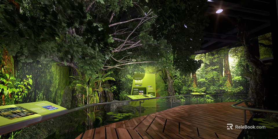 Tropical Indoor Forest Interior With Lush Green Plants Wooden Floor And Glass Railing 3d model 