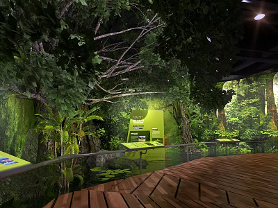 Tropical Indoor Forest Interior With Lush Green Plants Wooden Floor And Glass Railing 3d model