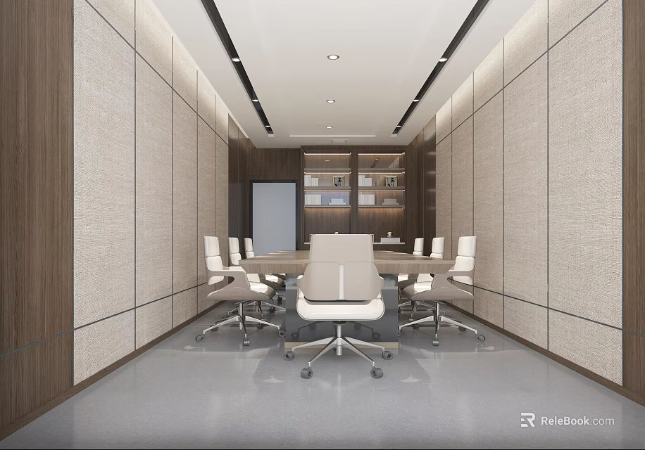 Modern Conference Room Interior With Long Table White Chairs Beige Walls And Dark Wood Bookshelves 3d model 