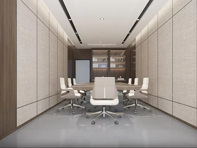 Modern Conference Room Interior With Long Table White Chairs Beige Walls And Dark Wood Bookshelves 3d model