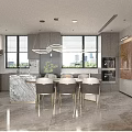 Modern Living Dining Room Interior With Marble Wall Sofa Set Shelving Units And Patterned Rug