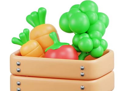 Toy Vegetables In Wooden Crate With Carrot Tomato And Green Grapes 3d model