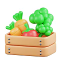 Toy Vegetables In Wooden Crate With Carrot Tomato And Green Grapes