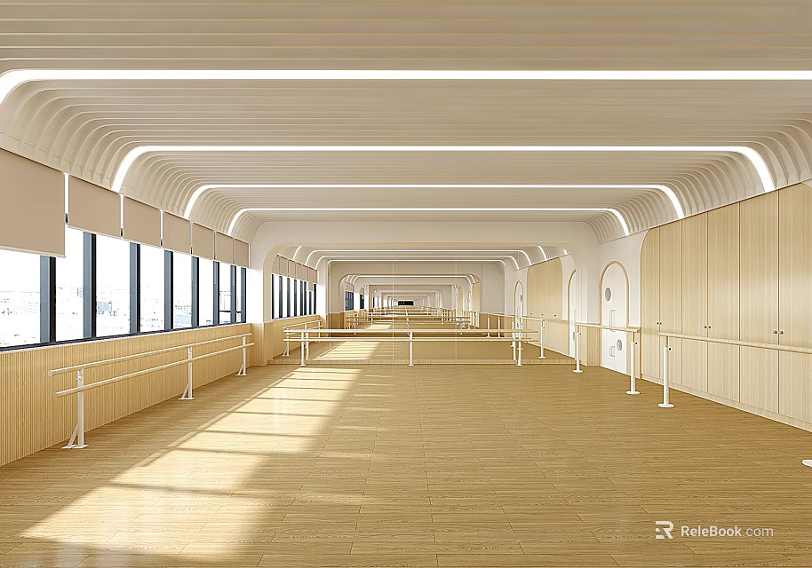 Bright Spacious Dance Training Studio with Wooden Floors and Barres 3d model 
