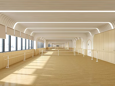Bright Spacious Dance Training Studio with Wooden Floors and Barres 3d model