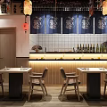 Japanese Restaurant Interior With Cherry Blossom Decor Lanterns Wave Murals And Wooden Tables Chairs