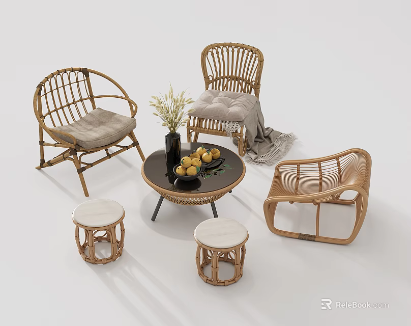 Rattan Table and Chair Set with Stools Decorative Vase and Fruits for Casual Seating 3d model 