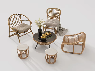 Rattan Table and Chair Set with Stools Decorative Vase and Fruits for Casual Seating 3d model