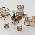 Rattan Table and Chair Set with Stools Decorative Vase and Fruits for Casual Seating