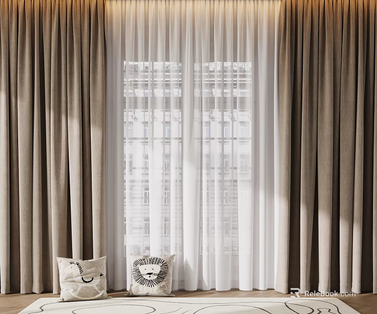 Elegant Beige Curtains With White Sheer Panels And Natural Light Through Window 3d model 