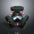 3D Rendered Mechanical Structure With Black Silver Components And Green Circular Sections