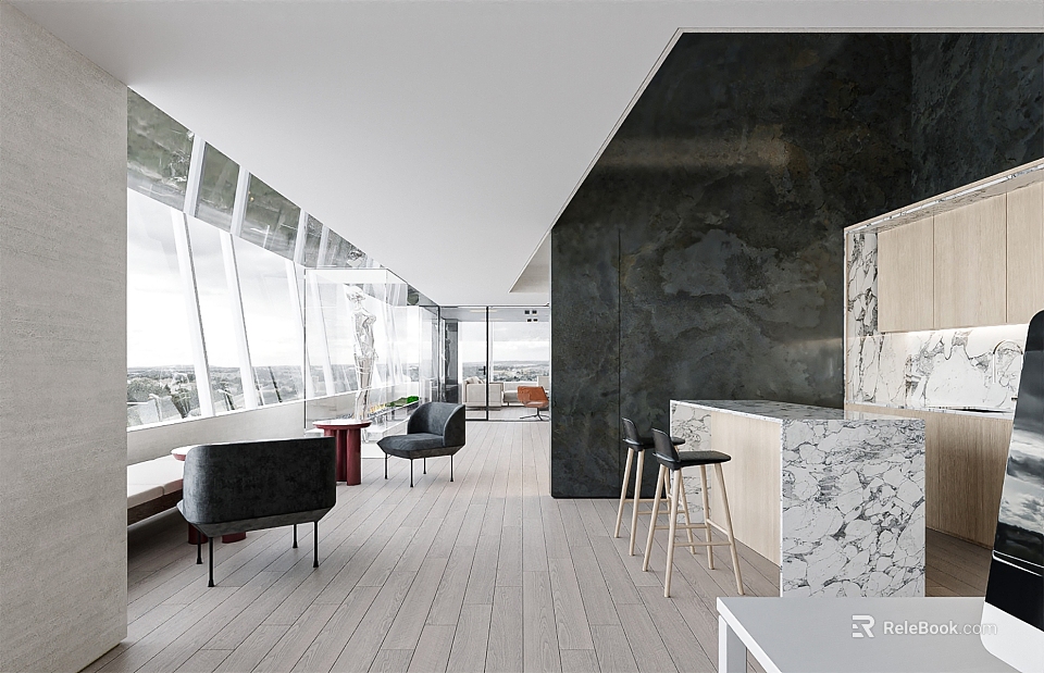 Modern Break Room With Large Windows Scenic View Black Chairs Bar Stools And Marble Countertop 3d model 