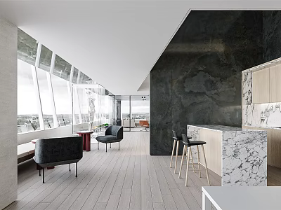 Modern Break Room With Large Windows Scenic View Black Chairs Bar Stools And Marble Countertop 3d model