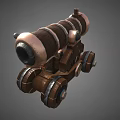 Medieval Antique Cannon Design With Wooden Barrel Brass Trim And Iron Wheels