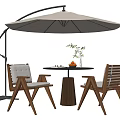 Outdoor Wooden Table and Chair Set with Curved Umbrella Small Round Table and Green Plant