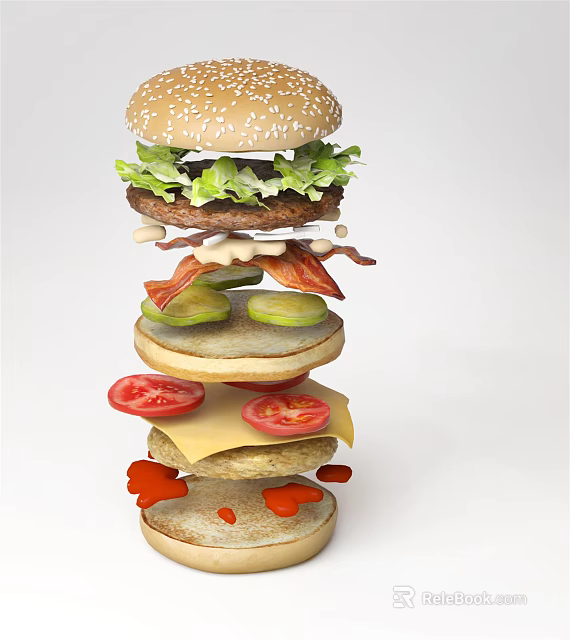 Delicious Layered Burger With Bun Lettuce Patty Bacon Cucumber Tomato And Cheese 3d model 