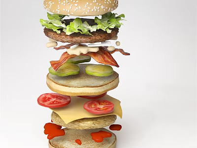 Delicious Layered Burger With Bun Lettuce Patty Bacon Cucumber Tomato And Cheese 3d model